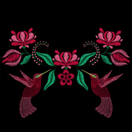 Embroidery with hummingbird, spring flowers. Necklace for fabric, textile floral print. Fashion design for girl wear decoration. Tradition ornamental pattern.のイラスト素材