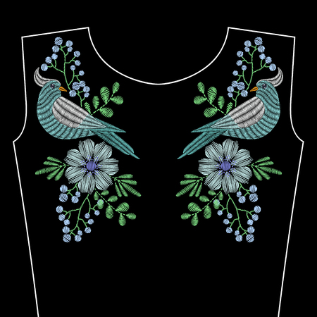 Embroidery stitches with dove bird, blue wild flowers for neckline. Vector fashion ornament on black background for textile, fabric traditional folk decoration.のイラスト素材