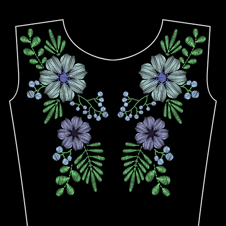 Embroidery stitches with blue wild flowers for neckline. Vector fashion ornament on black background for textile, fabric traditional folk decoration.のイラスト素材