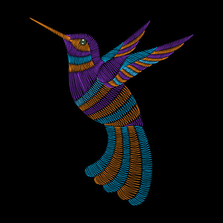 Embroidery hummingbird, exotic tropical bird. Vector fashion ornamental print for textile, fabric traditional folk decoration.のイラスト素材