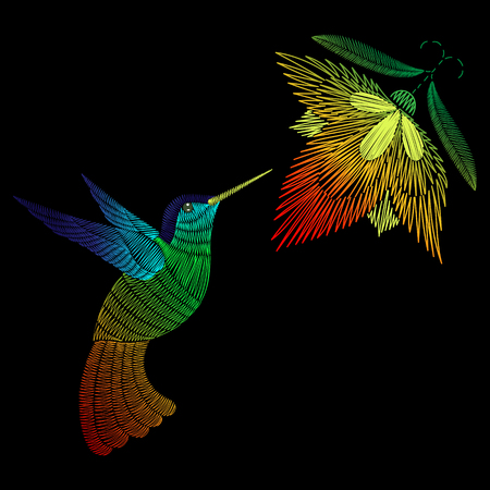 Embroidery hummingbird, exotic tropical bird with flower. Vector fashion ornamental print on black background for textile, fabric traditional folk decoration.のイラスト素材