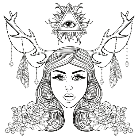 Beautiful girl with horns decorated boho elements. Vector  woman with roses, all seeing eye. Forest nymph for adult coloring pages, spirituality, occultism symbol, gypsy soul, tattoo template.のイラスト素材
