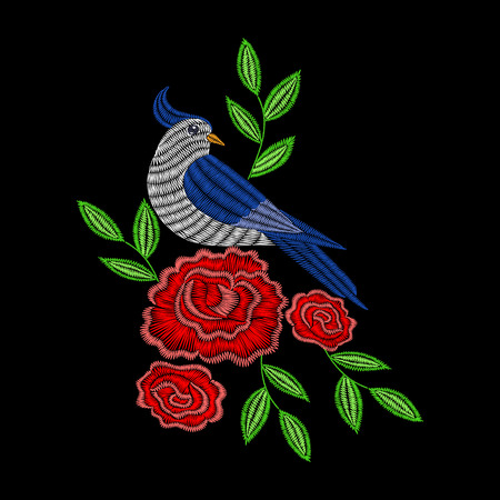 Embroidery stitches with red rose flowers, blue bird. Vector fashion ornament on black background for textile, fabric traditional folk decoration.のイラスト素材
