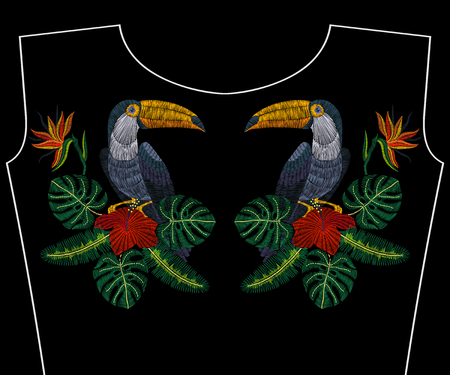 Embroidery toucan with tropical flowers for fashion necklace, vector illustration for girls dress, woman t-shirt, design apparel, vintage graphic stitch, modern style.のイラスト素材