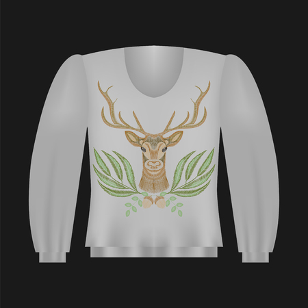 Sweatshirt template with deer, floral embroidery, fashion embroidered patch. Vintage design elements.のイラスト素材