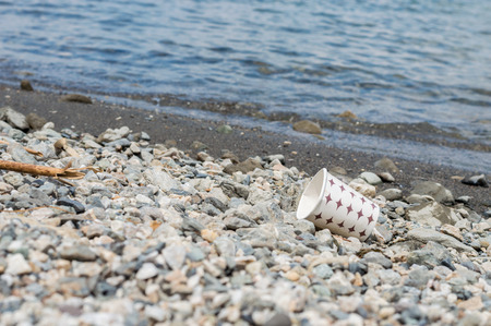 Used paper cup dumped on the coastal stripの写真素材