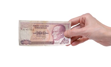 Portrait of President Mustafa Kemal Ataturk on 100 Turkish Lira Banknote. Old famous ancient paper banknote for collection.の写真素材