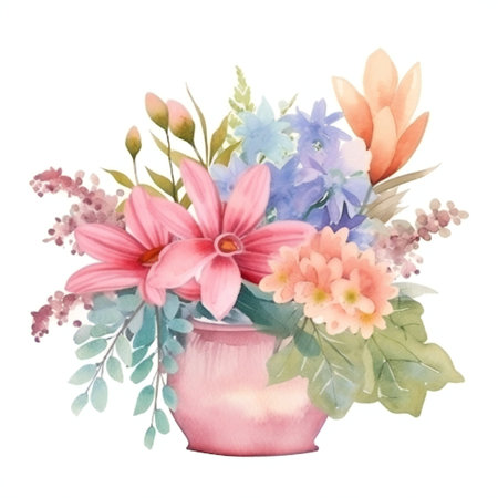 Watercolor bouquet of flowers in a vase on a white backgroundの素材