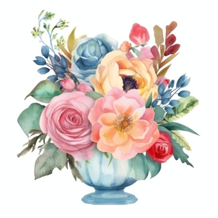 Watercolor bouquet of flowers in vase isolated on white backgroundの素材