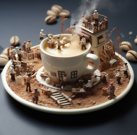 Miniature people on a coffee cup with a miniature house on topの素材