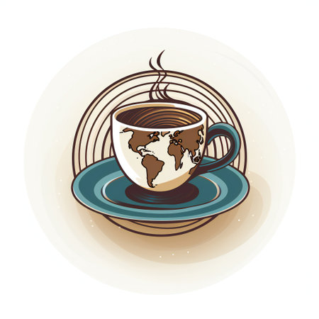 Coffee cup with world map on saucer. Illustration.の素材