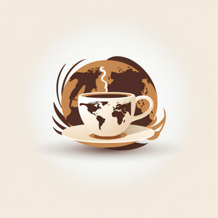 Coffee cup with world map on the background. Illustration.の素材