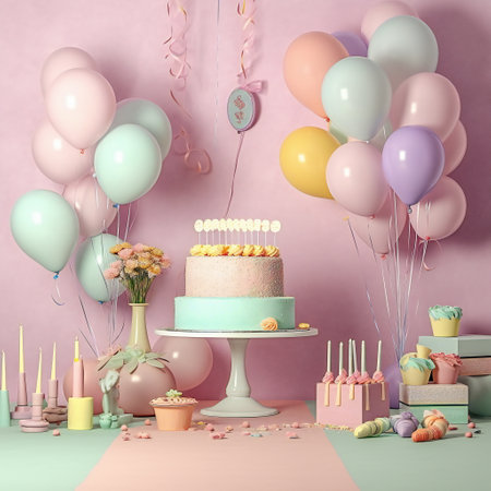 Birthday cake with pastel pink and blue balloons, candies and cakes.の素材