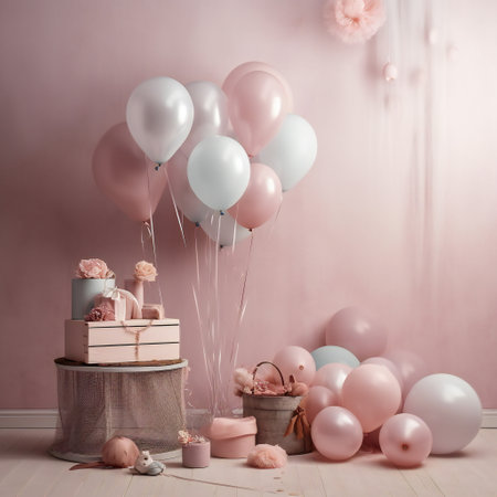 Birthday party interior with pink and turquoise balloons, gifts and flowersの素材