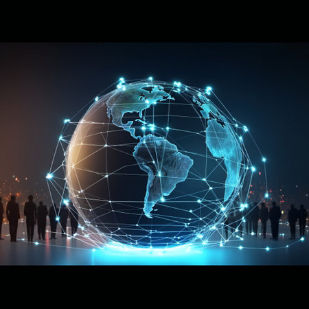 Global network communication concept with people silhouettes and the glowing globe. International Internet Day concept.の素材