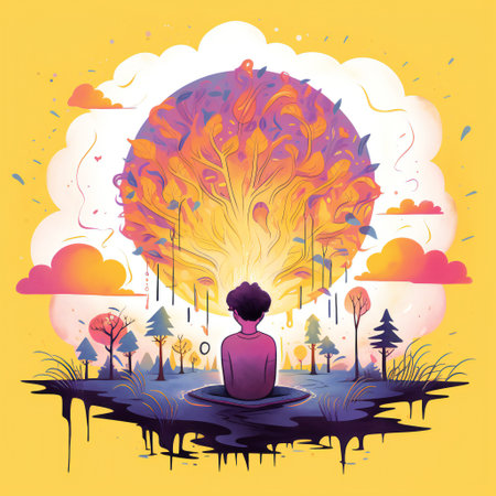 Illustration of a man sitting in the middle of the forest and looking at the big sun. World Mental Health Day Concept.の素材