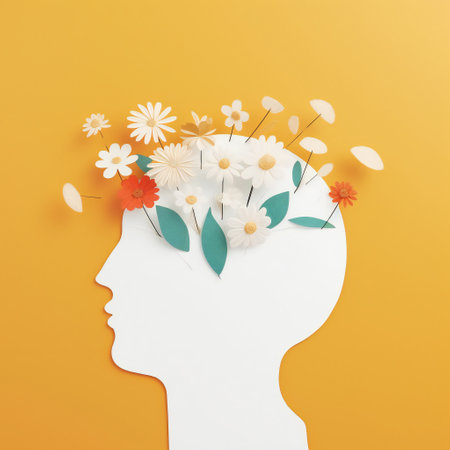 Creative layout made of paper cut human head with flowers on orange background. World Mental Health Day concept.の素材
