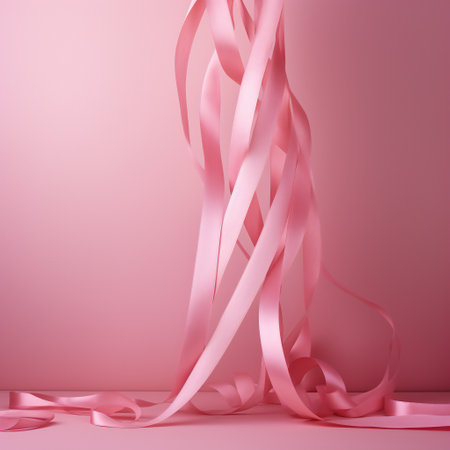Curly pink ribbons on a pink background.の素材
