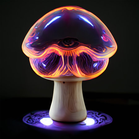 Neon lamp in the shape of a mushroom on the black backgroundの素材