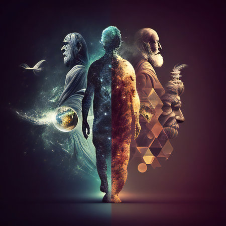 Highly detailed surreal human figures, intertwined with alchemical symbolism, set against a backdrop of dark sky-blue and light brown hues, a perfect geometric balance.の素材