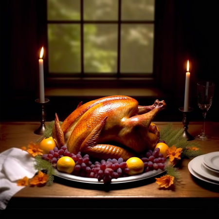 Thanksgiving dinner with roasted turkey, fruits, and candles on a wooden tableの素材