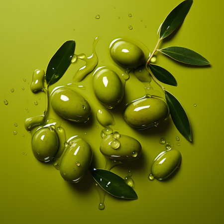 Green olives with leaves and drops of oil on a green background.の素材