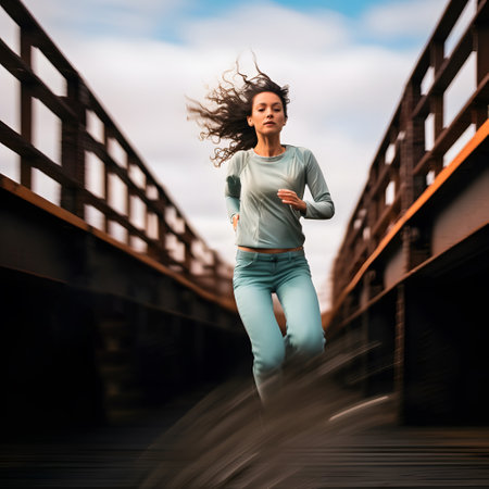 A woman running on a wooden bridge. Runner jogging on a city bridge.の素材
