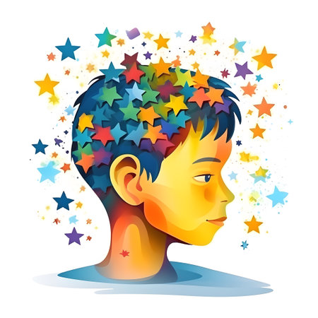 A colorful illustration of a human head filled with stars, representing the diversity and complexity of the autism spectrum.の素材