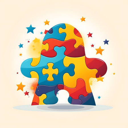A colorful illustration of a puzzle piece surrounded by stars, representing the diversity and complexity of the autism spectrum.の素材