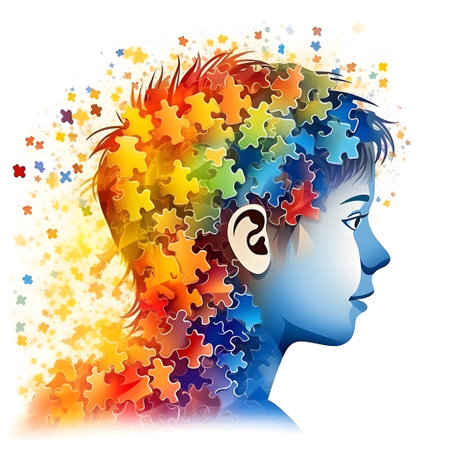 A human profile composed of various puzzle pieces in different colors and shapes, representing the diversity and uniqueness of people with autism spectrum disorder.の素材