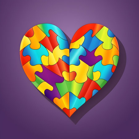 A colorful heart made of puzzle pieces represents the diversity and complexity of people with autism.の素材