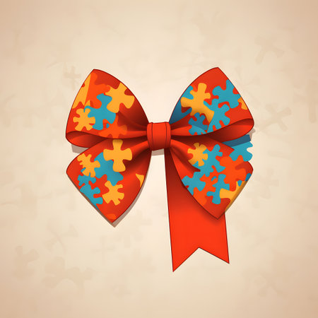 Illustrated ribbon, adorned with colorful puzzle pieces, symbolizing the complexity and diversity of individuals with autism.の素材