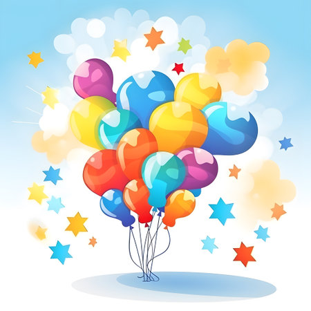 A colorful illustration of balloons rising into the sky with stars and clouds, representing the celebration of diversity and inclusion on Autism Awareness Day.の素材