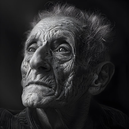 Elderly personâs profile, showing age and resilience.の素材