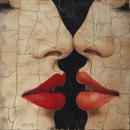 Close-up portrait of two female lips on cracked grunge background.の素材