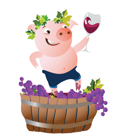The happy pig presses down the grapes and drinks wine. Vector illustration.  Isolated on transparent background.  Excellent for the design of postcards, posters, stickers and so on.のイラスト素材