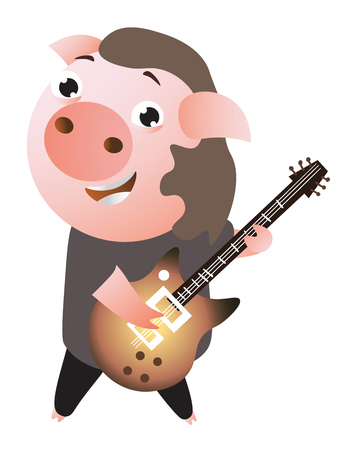 A funny cheerful rockstar piggy plays guitar.のイラスト素材