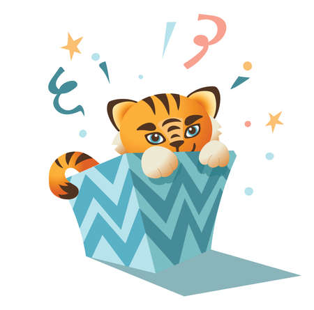 Cute tiger isolated on a white background sitting in a gift. 2022 mascot. Can be used for t-shirt, greeting card, invitation card or mascot, banners, web, packaging, ads, cards etc. Vector.のイラスト素材