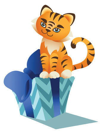 Cute tiger with a gift. 2022 mascot. Isolated on a white background. Can be used for t-shirt, greeting card, invitation card or mascot, banners, web, packaging, ads, cards etc. Vector.のイラスト素材