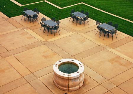 Empty patio with fountainの写真素材