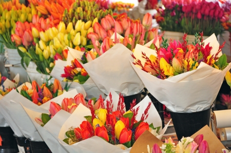 Bouquets of tulips at the marketの写真素材