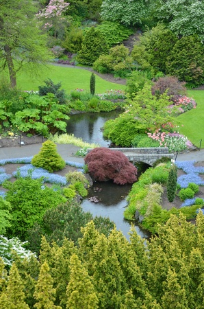 Lush spring garden park with pondの写真素材
