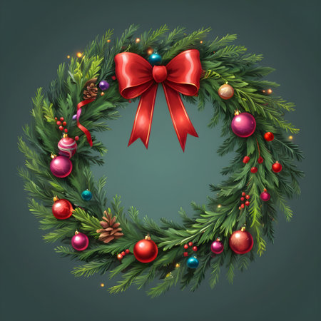 Christmas wreath with red bow on green background.の素材