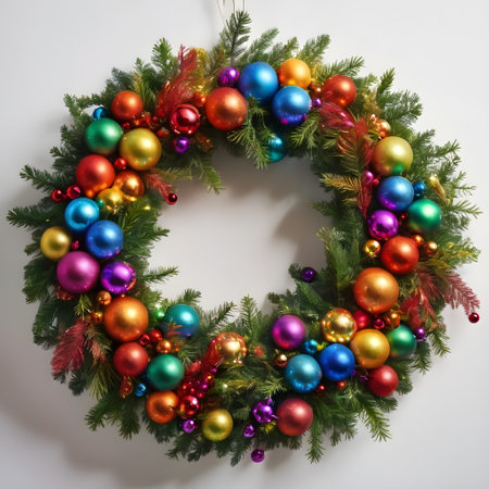 Christmas wreath with colorful baubles on a white background.の素材