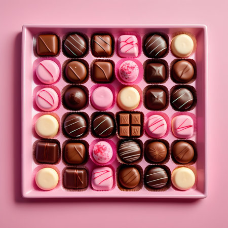 Box of assorted chocolates on pink background, top view.の素材