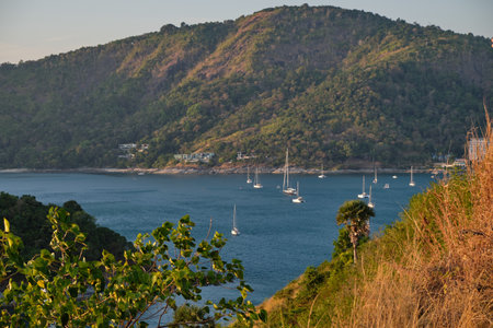view from the mountain to the sea and shipsの写真素材