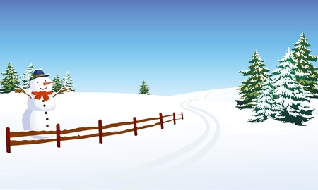 Winter landscape with cheerful snowmanのイラスト素材