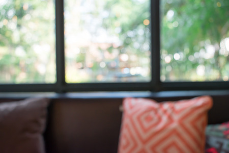 Blurred images include sofas and striped pillows near windows.の写真素材