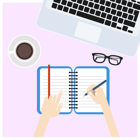 The top view of the hand is taking note of the blue book.のイラスト素材