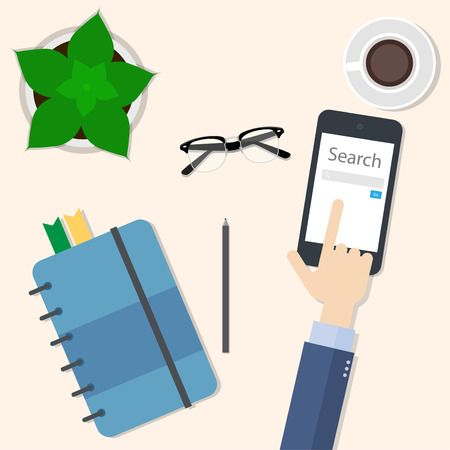 Vector image. Top view of the hands of business people searching for information on the phone.のイラスト素材